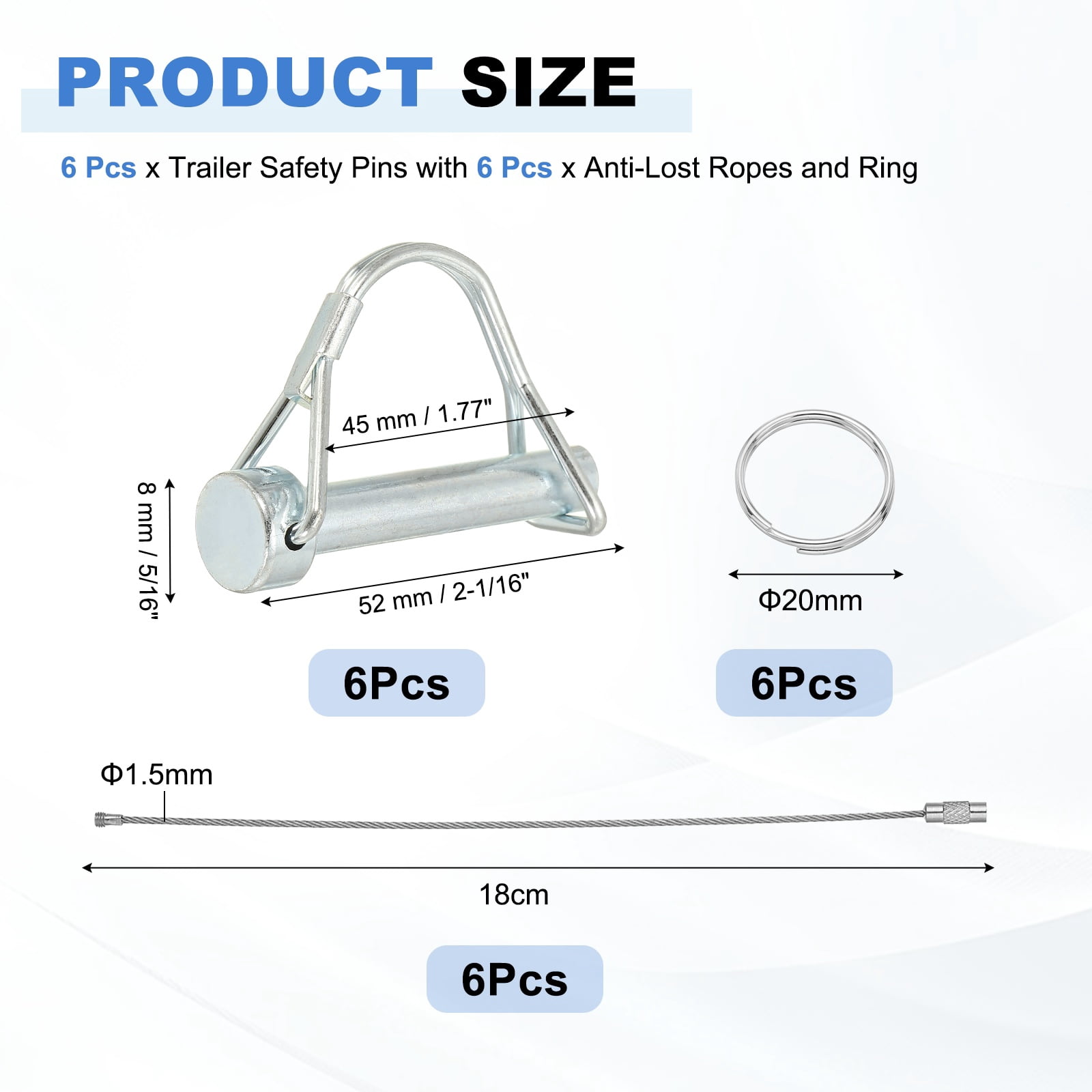 6Pcs Trailer Coupler Pin, 5/16" x 2-1/16" Trailer Hitch Locking Pin with Steel Quick Release Ring, Wire Shaft Locking Accessories for Farm Trailers Wagons Towing