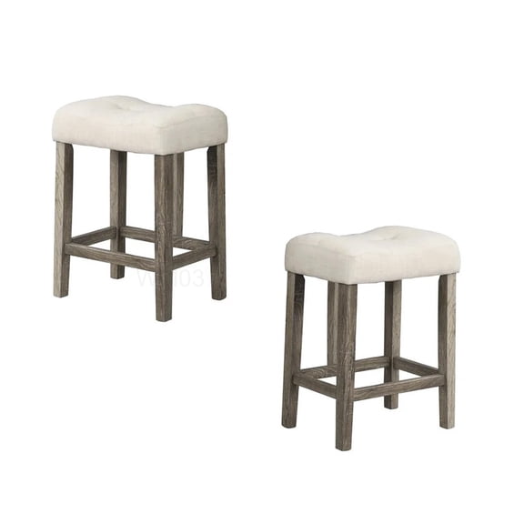 Set of 2 Kitchen Bar Stools with Footrest, Oak Finish and Tufted Fabric Seat