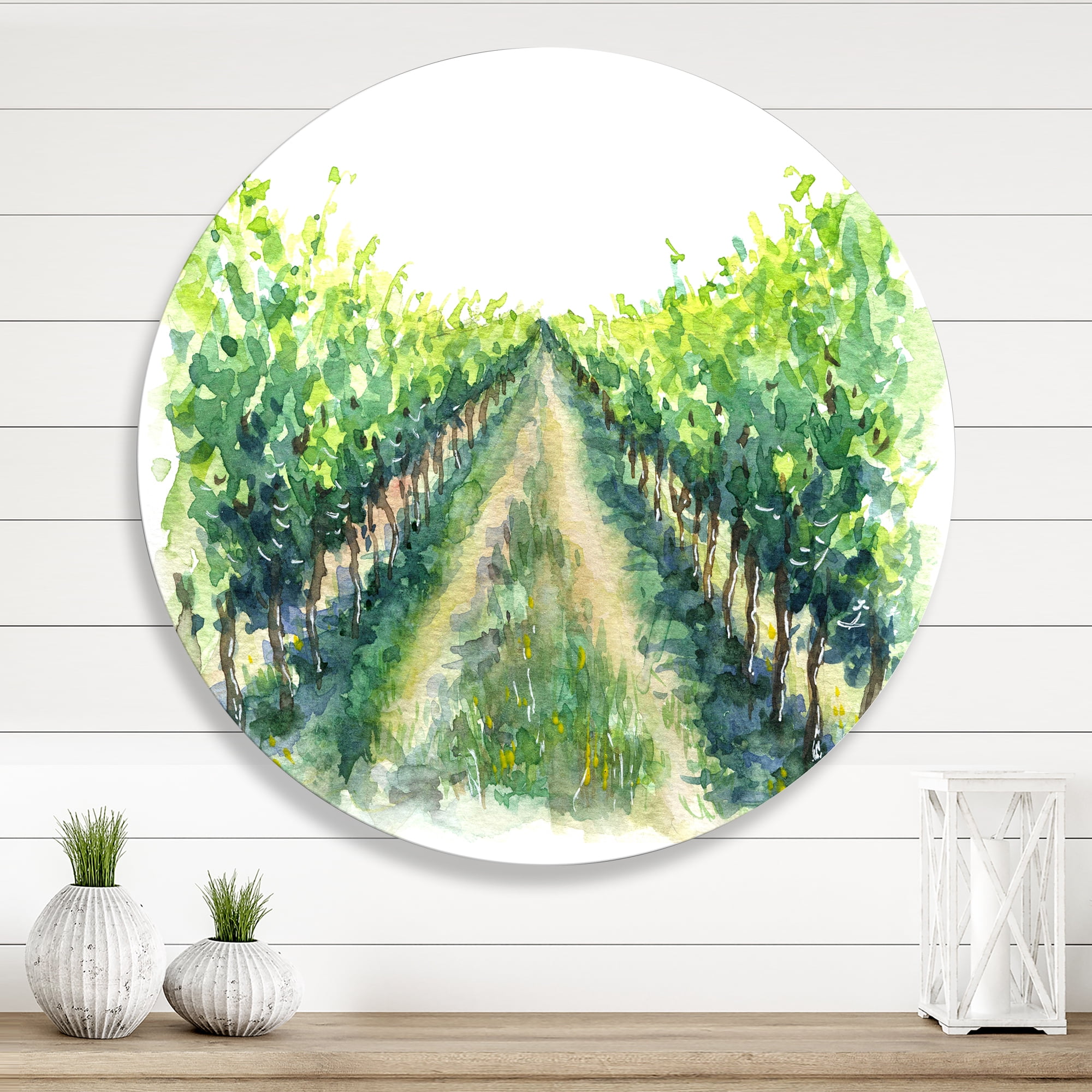 Designart 'Rural Scene Vineyard Path' Traditional Circle Metal Wall Art 23x23 - Disc of 23