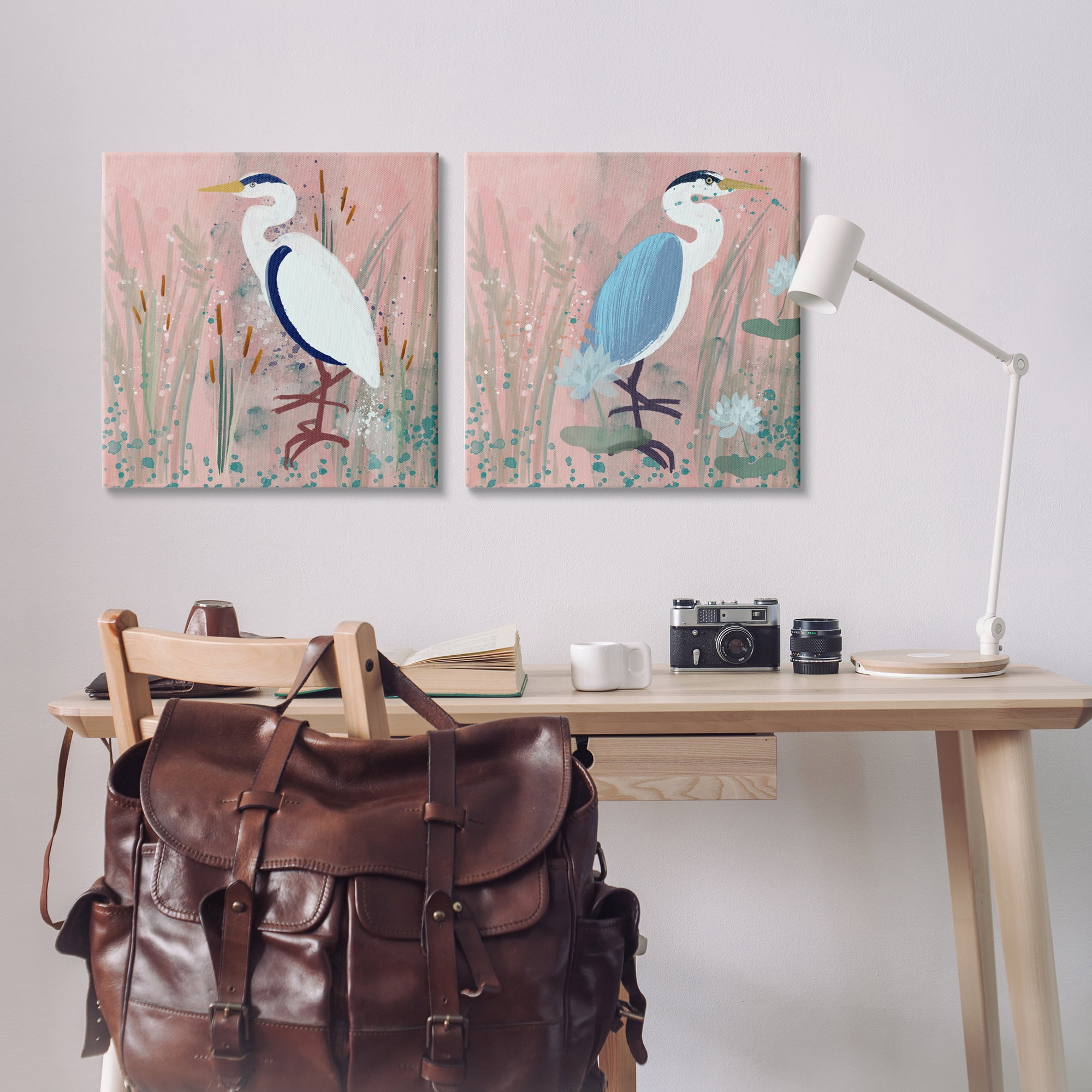 Stupell Industries Blue Heron Egret Cattail Marsh Animals Painting Wrapped Canvas Art Print Wall Art, 24 x 24, Set of 2