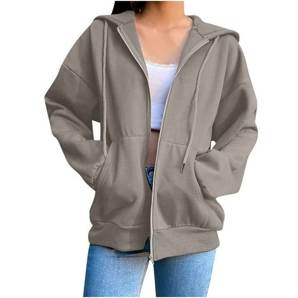 PEZHADA Fall Savings Women Lightweight Thin Zip-Up Hoodie Jacket Solid Plus Size Long Sleeve Drawstring Hooded Sweatshirt with Pocket Gray