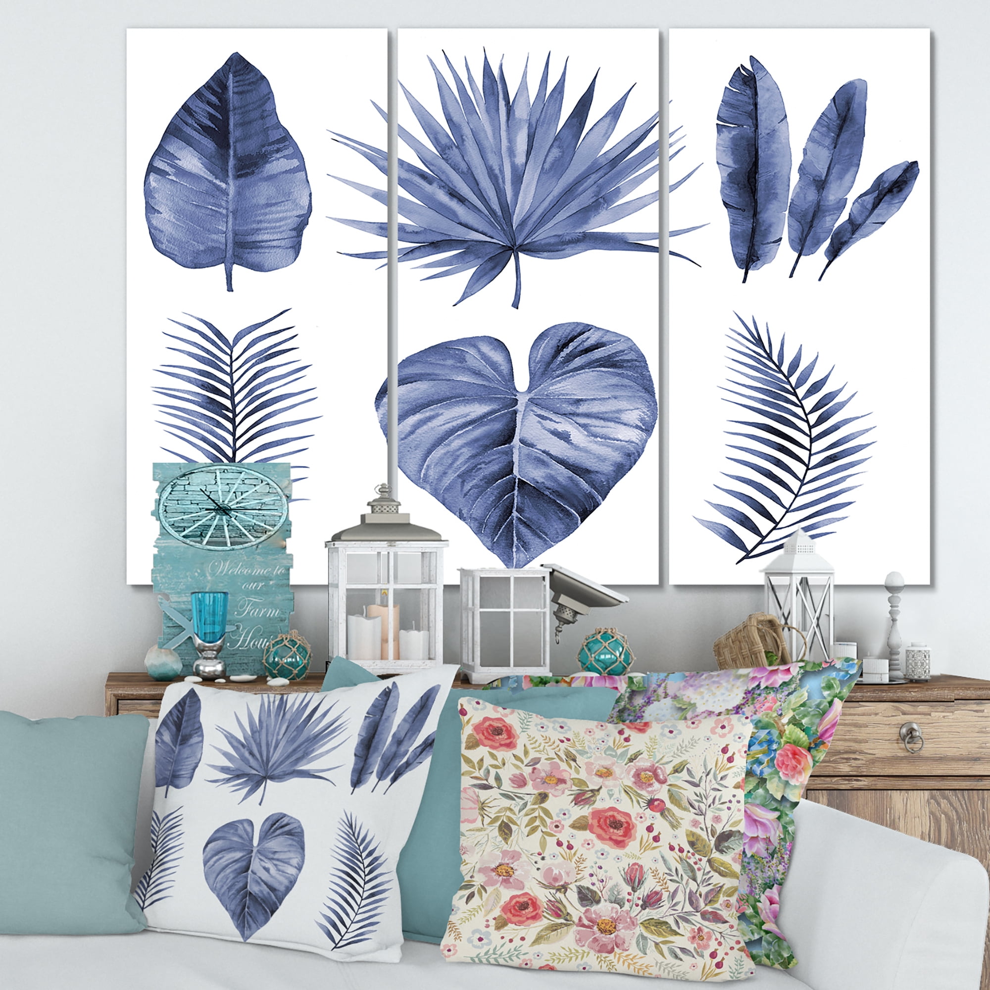 Blue Watercolor Tropical Leaves IV 28 in x 36 in Painting Canvas Art Print, by Designart Set of 3