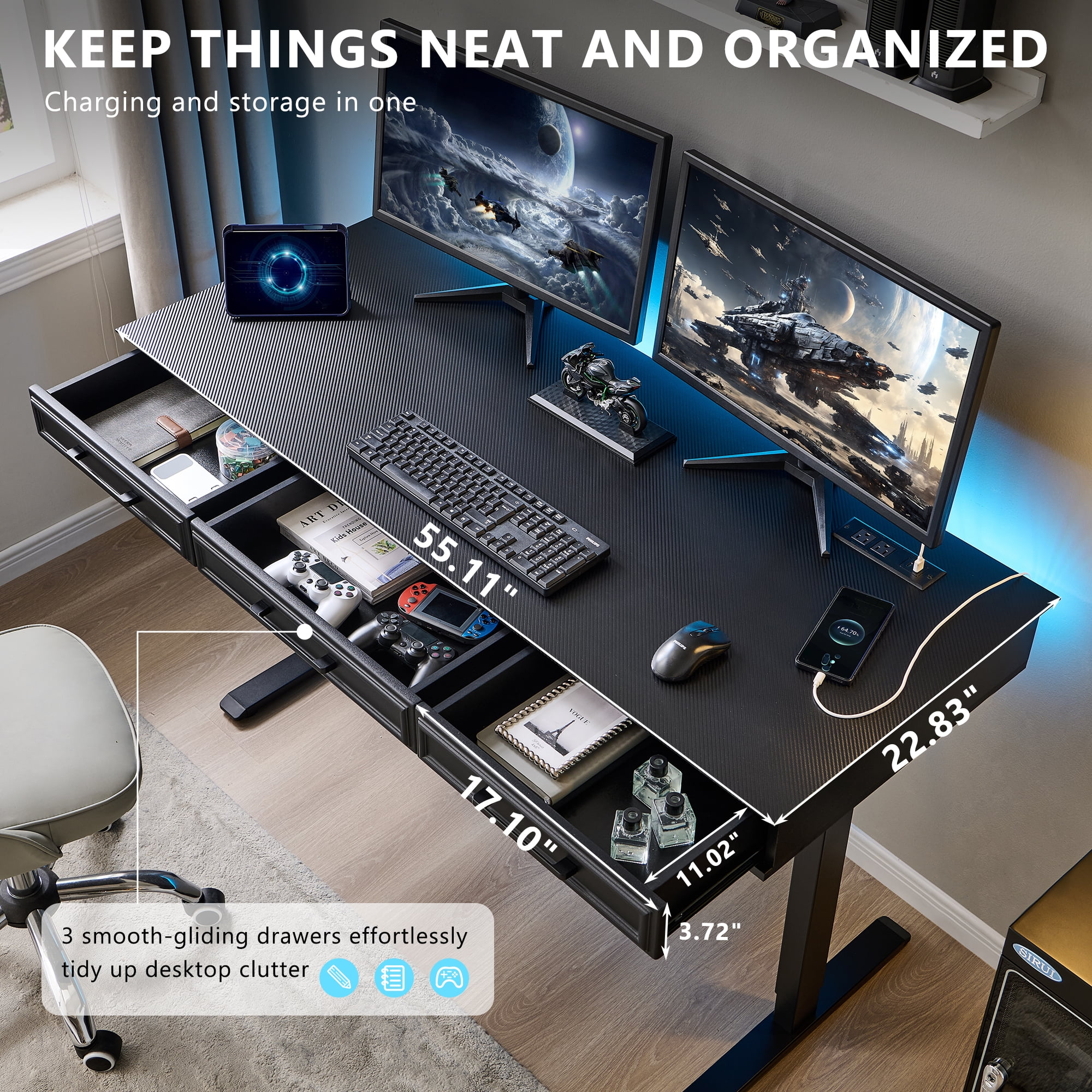 wow97e Electric Standing Desk, 55" x 22" Adjustable Height Office Computer Desk with 3 Storage Drawers, Sit Stand Up Desk with Power Outlets for Study and Home
