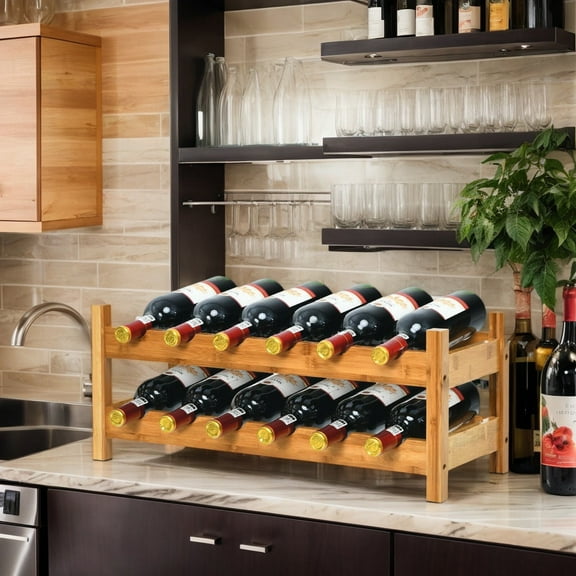 GVN Wine Storage Shelf, Wine Rack,2-Tier 12 Bottles Bamboo Storage Shelf Wine Rack-Natural