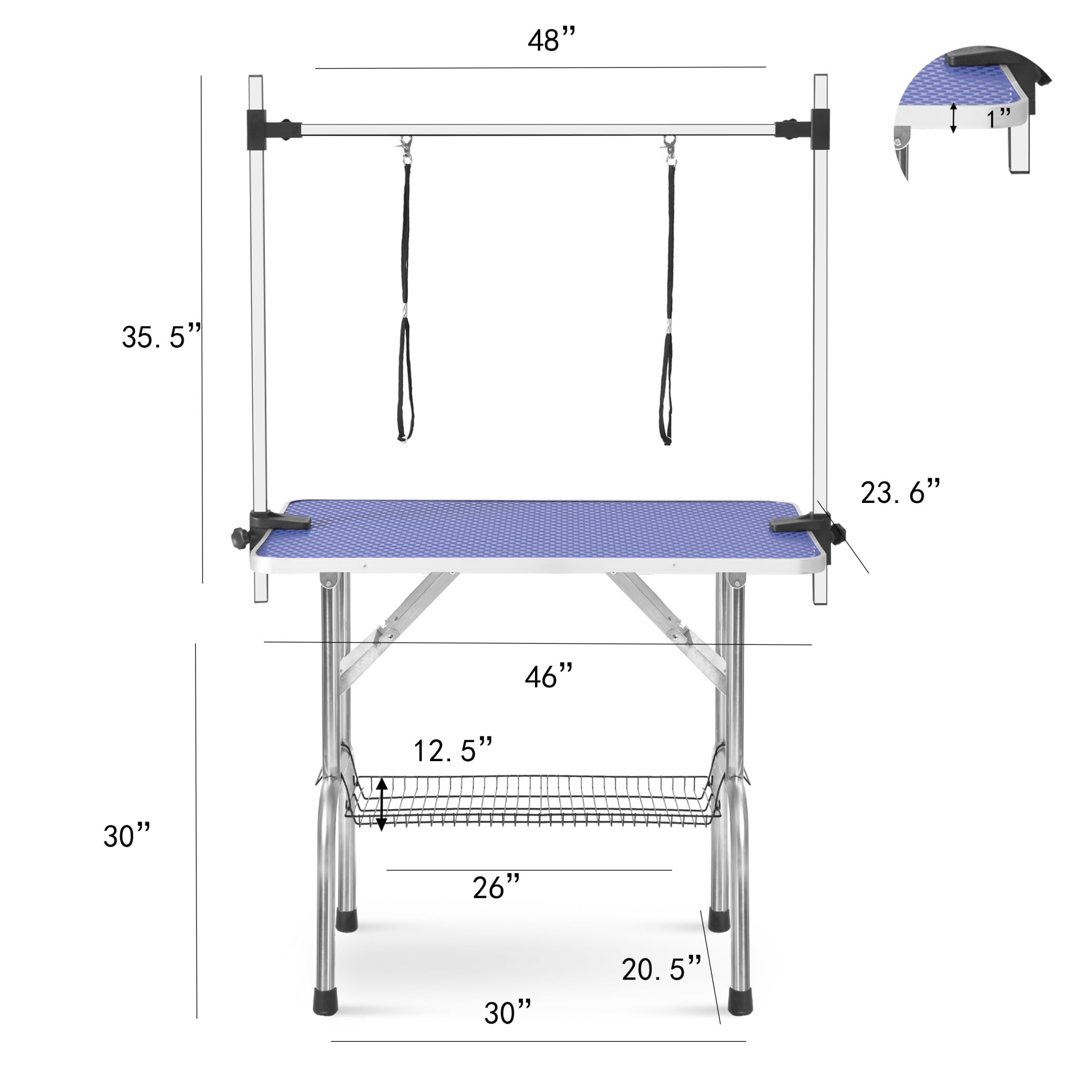 Noble House 46" Folding Dog Pet Grooming Table with Adjustable Arm, Stainless Steel Frame, Non-Slip Rubber Top, Blue