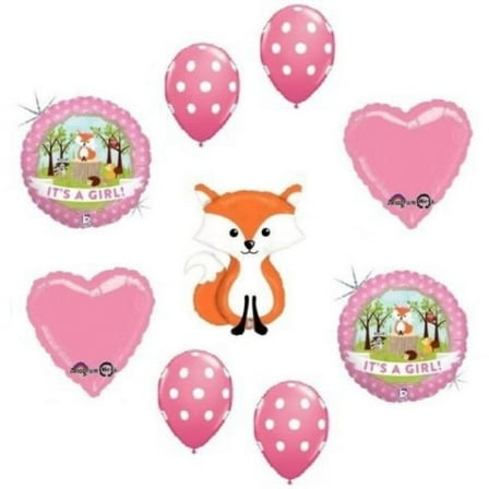LoonBalloon Fox Woodland Animals It's a GIRL Welcome Baby Shower 9 Party Mylar Balloons Set