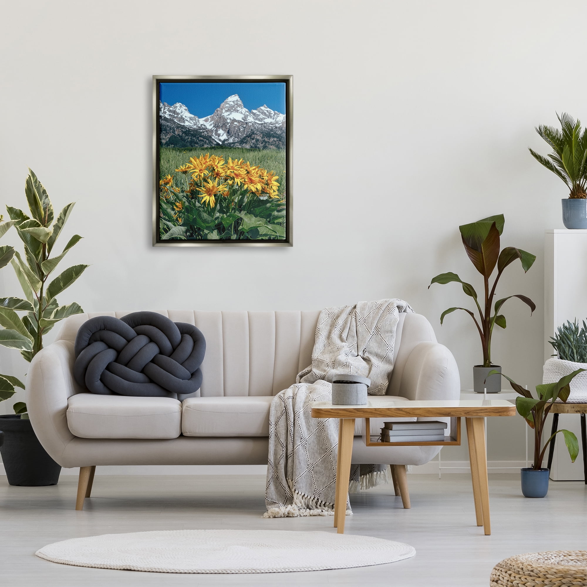 Stupell Industries Daisies & Mountain Peaks Landscape Photography Gray Floater Framed Canvas Art Print Wall Art, 25 x 31