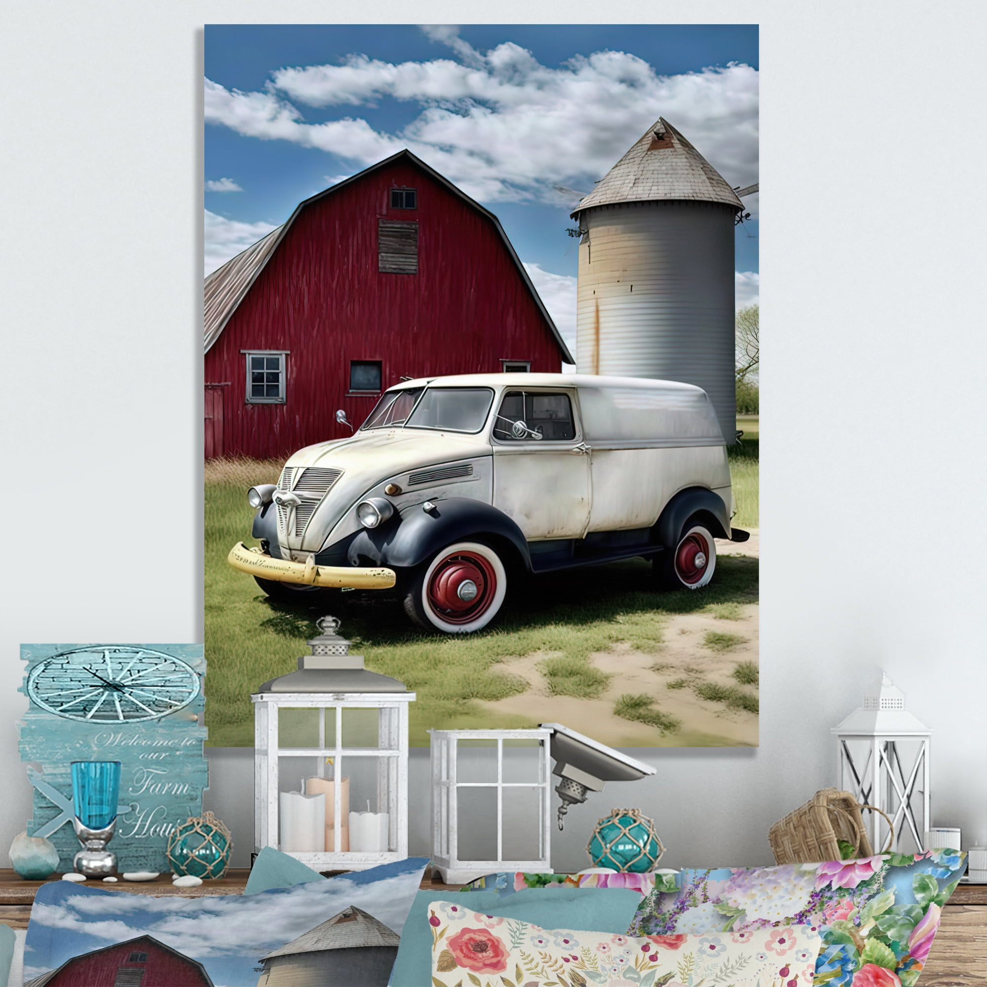 Designart Milk Truck At The Barn Canvas Wall Art