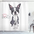 thumbnail image 1 of Boston Terrier Shower Curtain, Naive Puppy Tiny Dog Breed Standing by the I Love My Dog Message, Fabric Bathroom Set with Hooks, 69W X 84L Inches Extra Long, Grey Coral and White, by Ambesonne, 1 of 3