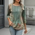 thumbnail image 7 of Women's Graphic Printed T-shirts 3/4 Length Sleeve Tees Crew Neck Spring Fall Summer Tops with Buttons (XL, Army Green), 7 of 7