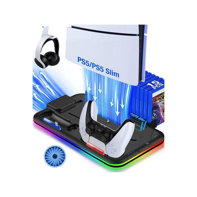 For PS5 / PS5 Slim Stand Cooling Station with Controller Charger for Playstation 5/Slim Console, PS5 Accessories Vertical Stand with Cooling Fan, RGB Light, Headset Holder, 14 Game Slot