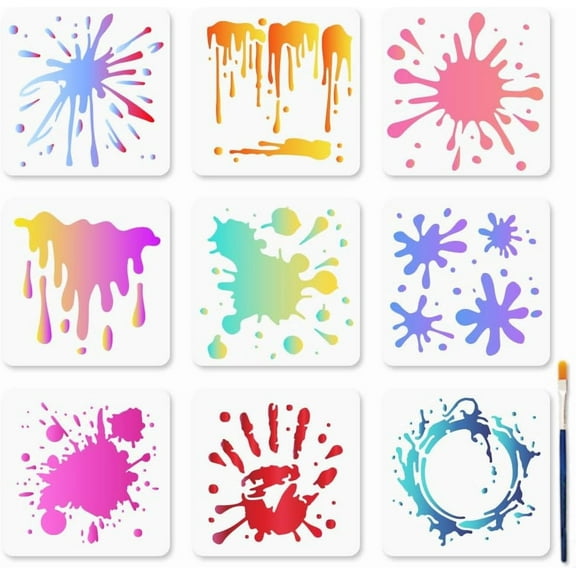 9 Styles Spray Stencils 5.9x5.9inch Reusable Stain and Splatter Stencils for Craft Graffiti Art Paint Templates with Paint Brush for Floor Wall Tile Fabric Furniture Decoration colorful