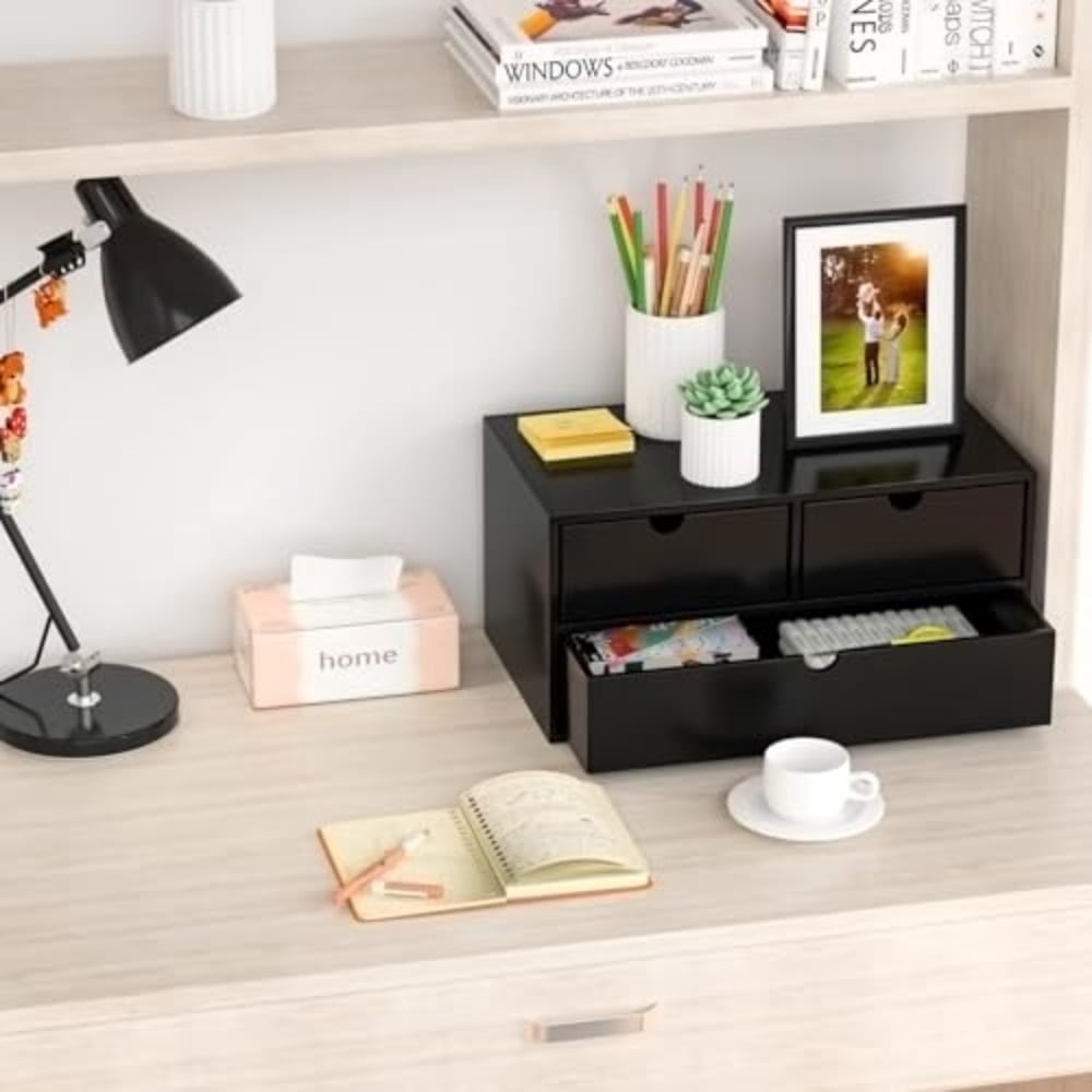 Bamboo Desk Organizer - Mini Bamboo Desk Drawer Tabletop Cosmetic Storage Organization for Office or Home Black