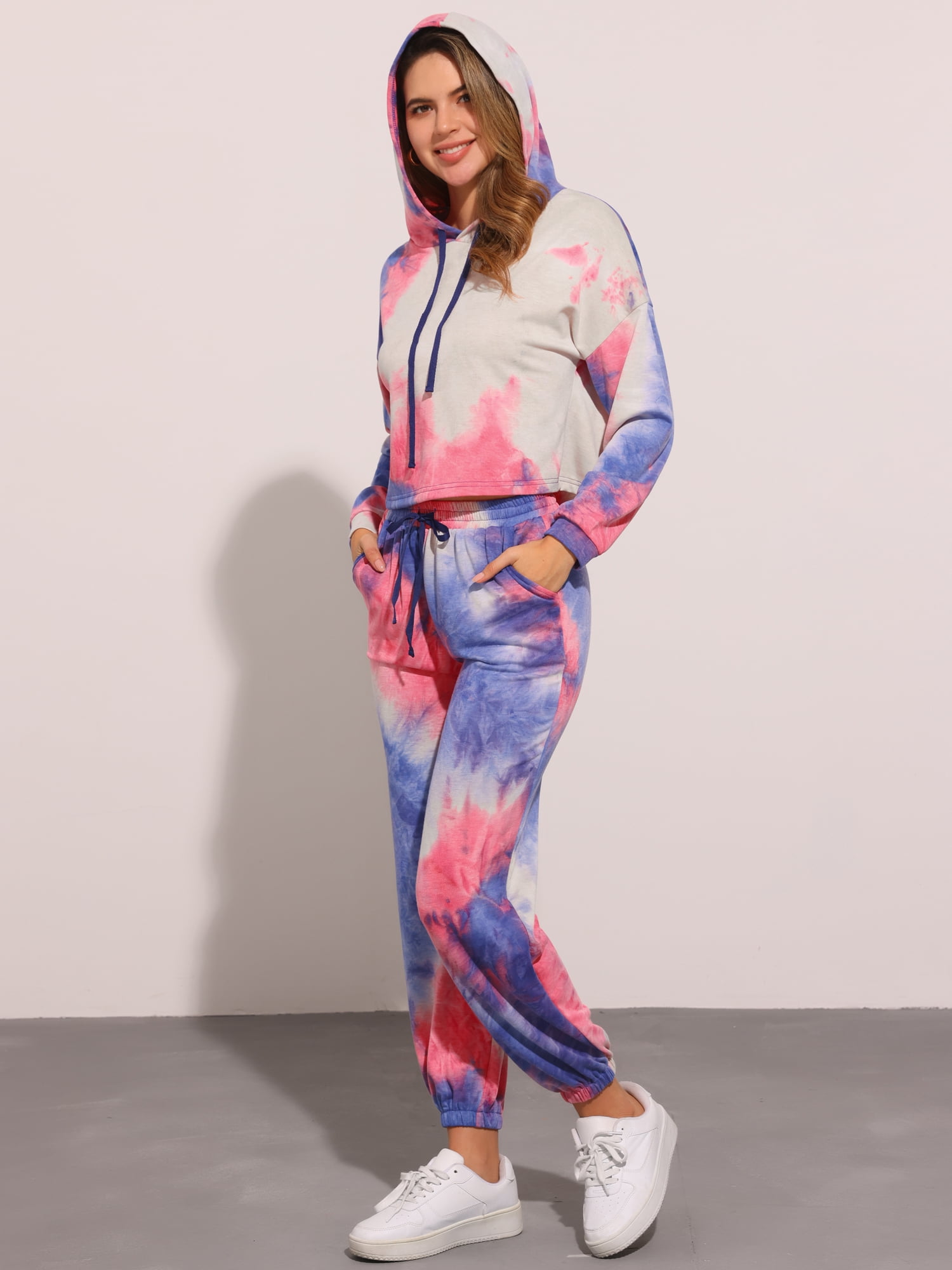 DARING DIVA Women's 2 Piece Tie Dye Hoodie Drawstring Sports Outfit XS Purple Blue