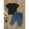 thumbnail image 4 of hirigin Toddler Boys 2Pcs Summer Outfits, Short Sleeve Letter Print Tops + Ripped Denim Pants Set, 4 of 8