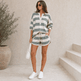 thumbnail image 6 of Lounge Sets for Women Striped Two piece Set Oversized Henley Shirts Drawstring Shorts Fashion Matching Sets Women Clothing with Pockets Green L, 6 of 7