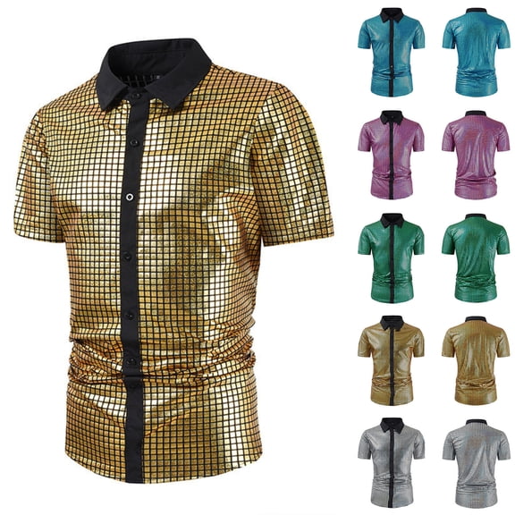 YHAJDS Men Tops Summer Casual T-shirt,Short Sleeve Shirts for Men Performance Sequin Shiny Lapel Casual Stylish Party Tops for Stage Show