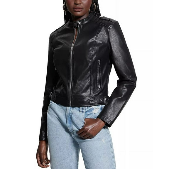 Guess JET BLACK Women's Faux-Leather Moto Jacket with Snap Collar, US X-Large