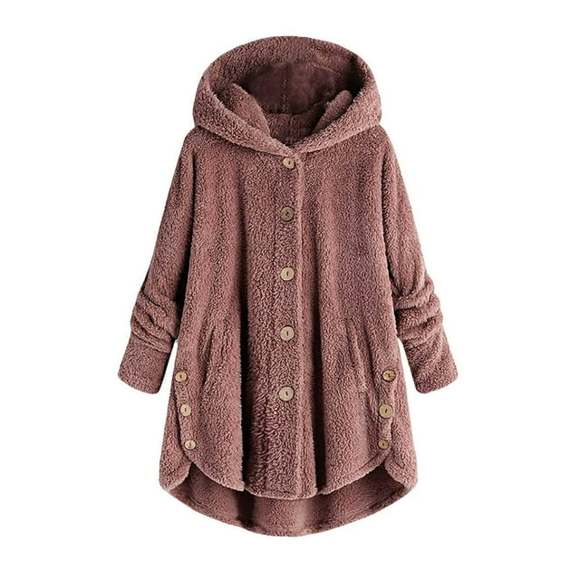 Womens Winter Jacket Plus Size Button Plush Tops Hooded Loose Cardigan Wool Coat Jacket Pink XXXXXL