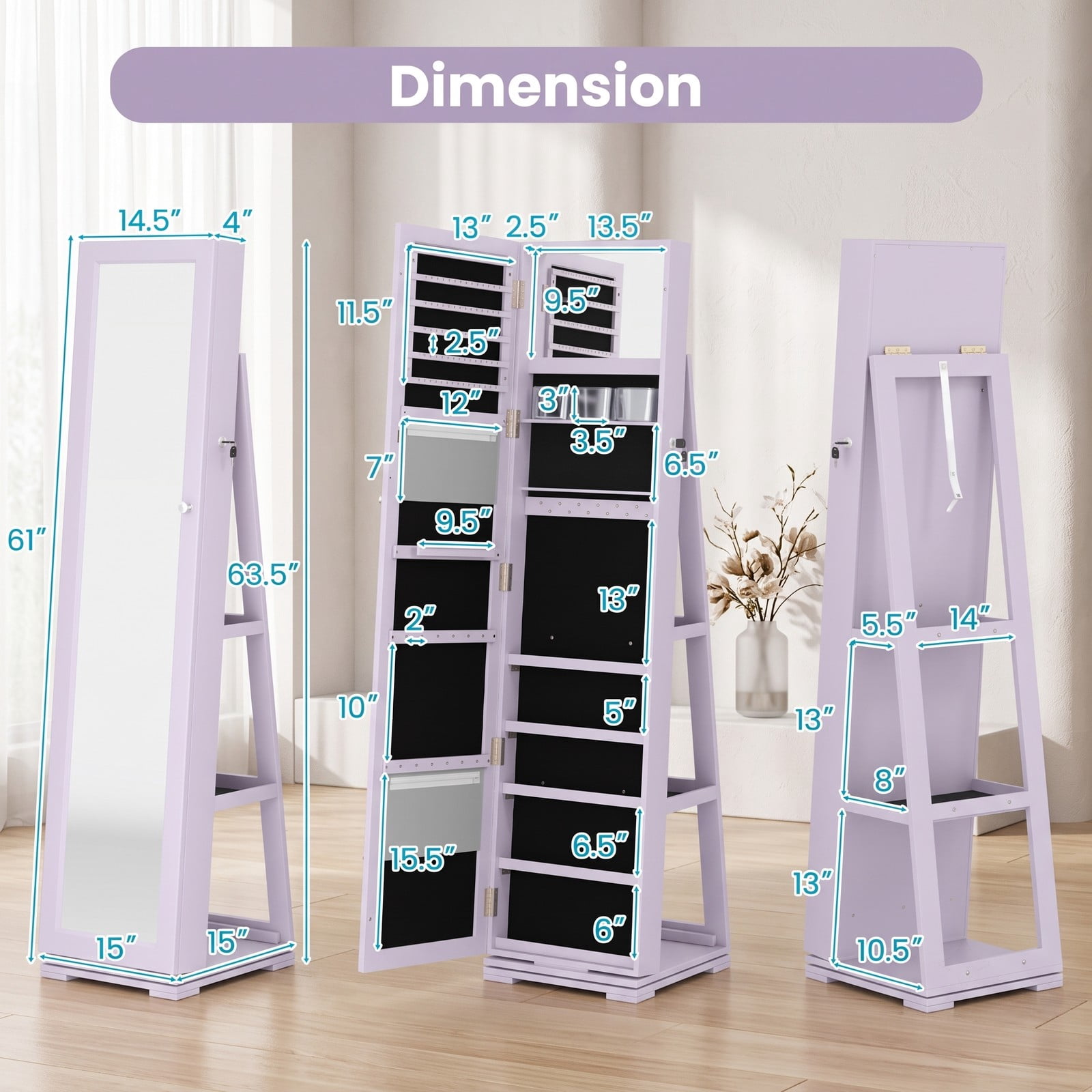 Furnibear 360 Degree Rotatable Freestanding Lockable Jewelry Cabinet with Full-Length Mirror and 100 Earring Slots for Bedroom, Purple