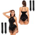 thumbnail image 6 of iiniim Women Sequin Latin Dance Outfits Sleeveless Fringed Ballroom Leotard with Gloves Salsa Tango Dancewear Black L, 6 of 7