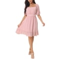 thumbnail image 1 of Unique Bargains Femmes d'Été Robes Cou Carré Bouffée Manches Courtes Smocked Dos Volants une Ligne Casual Mini Robe Rose S, 1 of 6