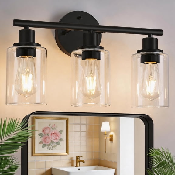 Behome 3-Light Bathroom Light Fixtures, 16.93" Black Modern Vanity Lights with Clear Glass Shade, Bathroom Wall Lamp for Mirror Kitchen Living Room Hallway Cabinet Porch, E26 Base, Bulbs Not Included
