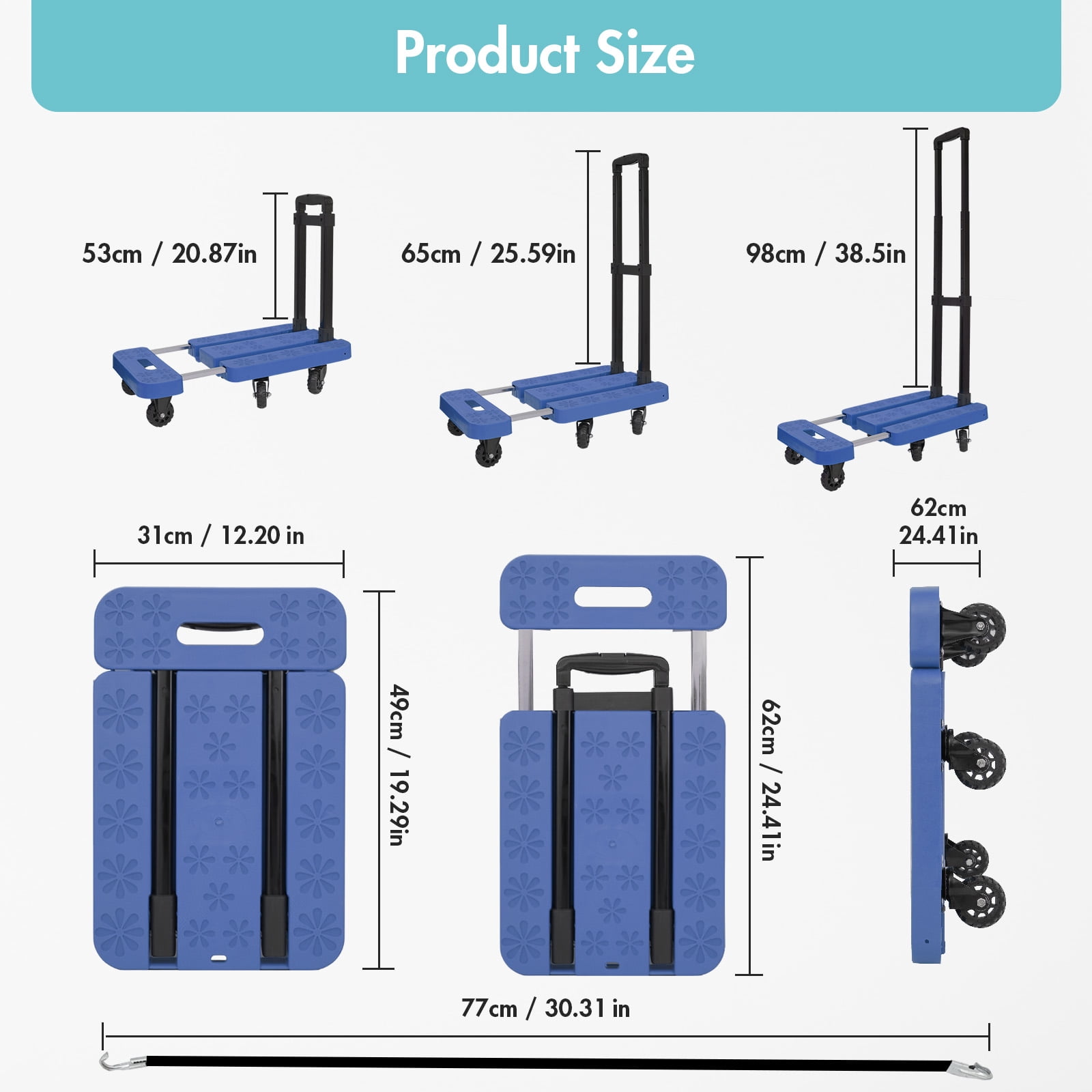 BAOKALER Folding Hand Truck, Heavy Duty Dolly Cart, Push Dolly Cart Foldable Platform with 6 Wheels, Blue