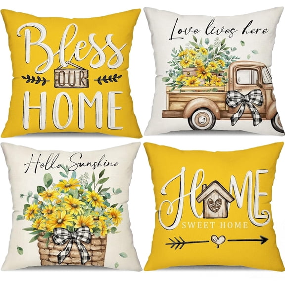 Farmhouse Pillow Covers 18x18 Set of 4 Sunflower Decor Truck Sunflower Basket Sweet Home Spring Pillow Covers, Polyester Cushion Case Gifts for Home Decor 175E