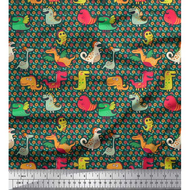 Soimoi Rayon Fabric Floral & Dinosaur Cartoon Decor Fabric Printed Yard 56 Inch Wide