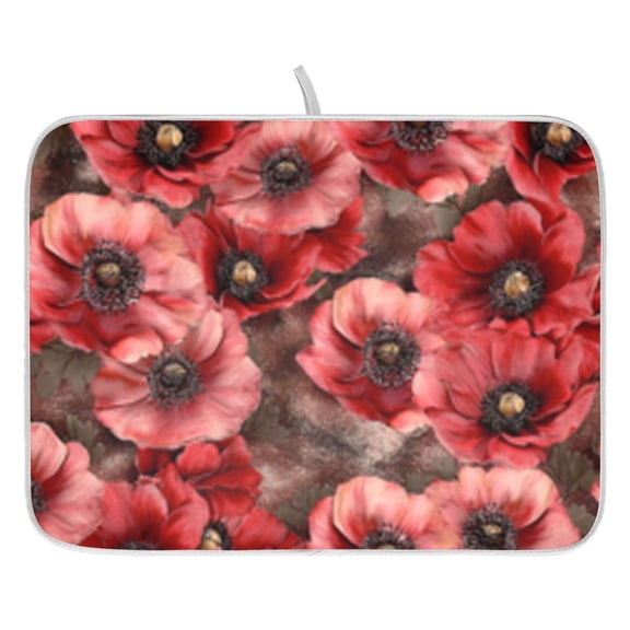 Dish Drying Mat for Kitchen Counter 16x18/18x24 Bright Red Flowers Art Absorbent Coffee Bar Mat Dish Drainer Rack Mat for Kitchen Counter