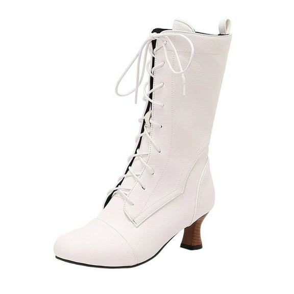 White Women'S Mid-Calf Boots With Lace-Up And Round Toe Flat Design For Casual Winter Wear Pu Leather Comfort Fit