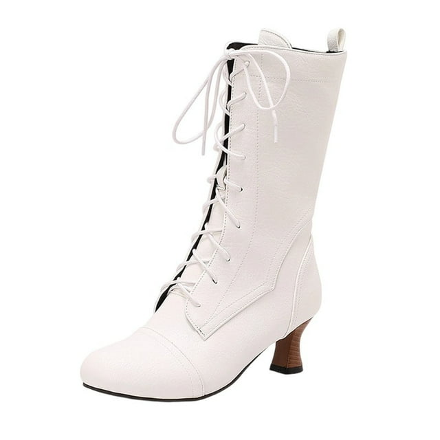 LOVZFMLL Bottes pour Femmes Bottes Chelsea Mi-Mollet à Lacets Bout Rond Sangles Ajustables Talon Évasé Moyen Bottes Mode Automne Hiver