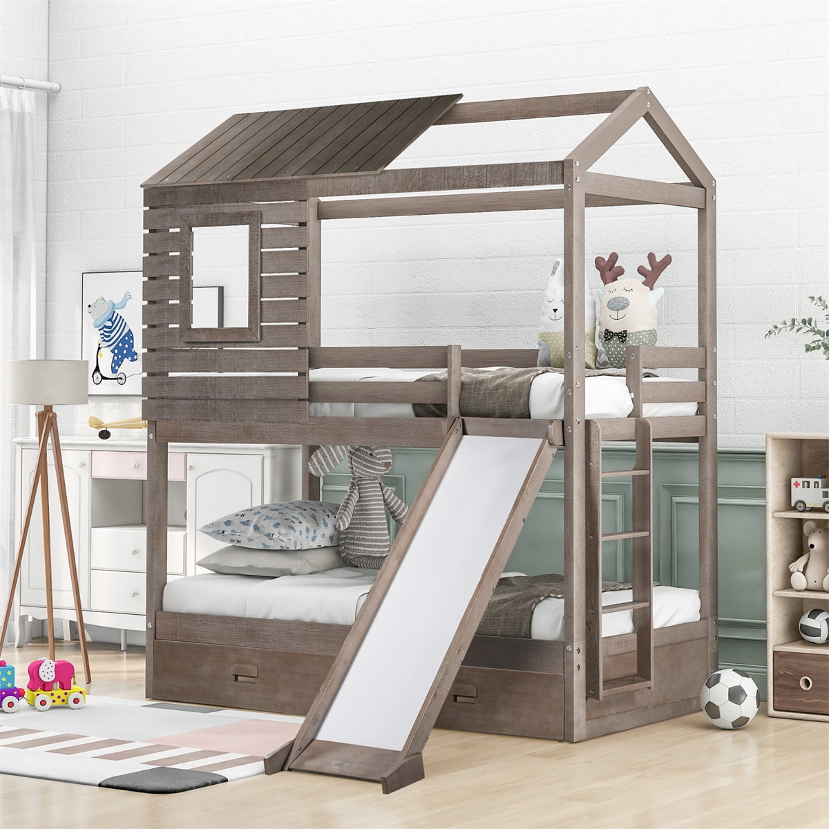 ARCTICSCORPION Low Bunk Bed with Roof and Window,Twin Over Twin Bunk