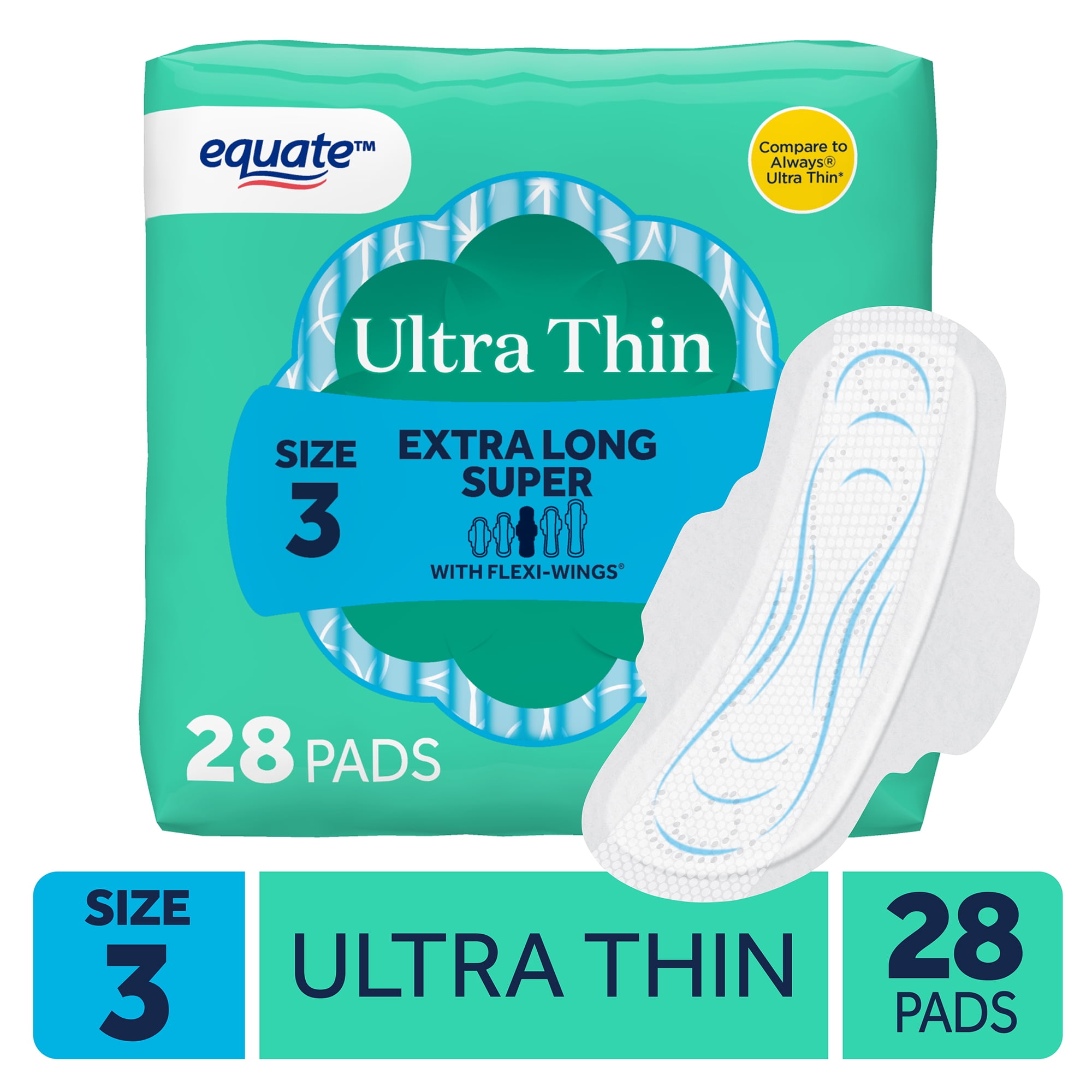 Equate Ultra Thin Pads with Flexi-Wings, Extra Long Super Absorbency, Size 3, 28 Count