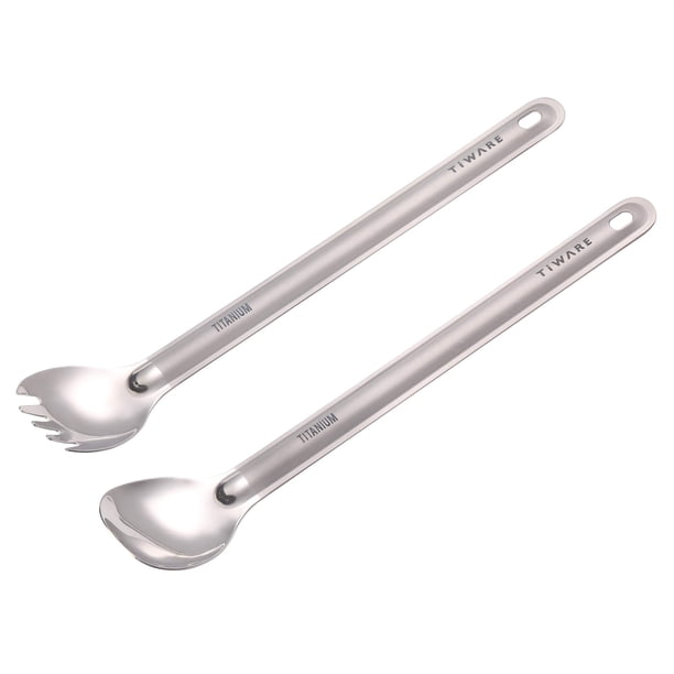 Lote de 2 cucharas y tenedores de mango largo de titanio (cuchara y tenedor 2 en 1) Utensilios de cocina portátiles ultraligeros para exteriores, recipientes pulidos, cubiertos para cocina, camping, s