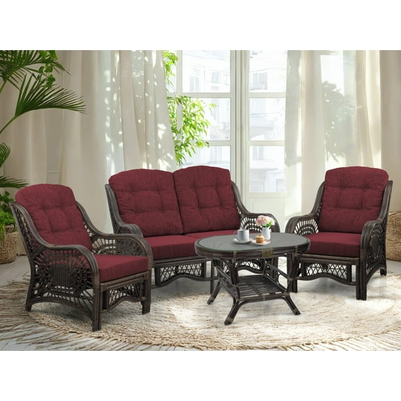 SK New Interiors Malibu Set of 2 Natural Rattan Wicker Lounge  Chairs, Loveseat w/Dark Brown Cushion and Coffee Table w/Glass, Dark Brown