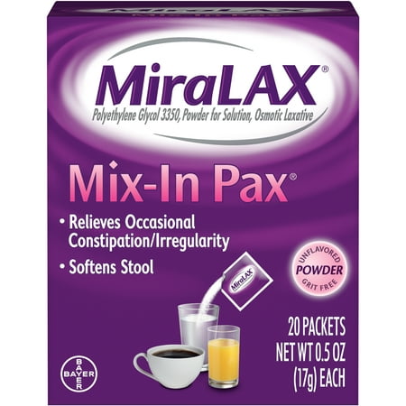 MiraLAX Mix-In Polyethylene Glycol 3350 Powder Laxative, 20 Single (Best Over The Counter Constipation Relief)