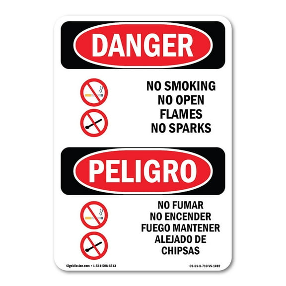OSHA Danger Sign - No Smoking Open Flames Sparks Bilingual | Plastic Sign | Protect Your Business, Construction Site, Shop Area |  Made in The USA