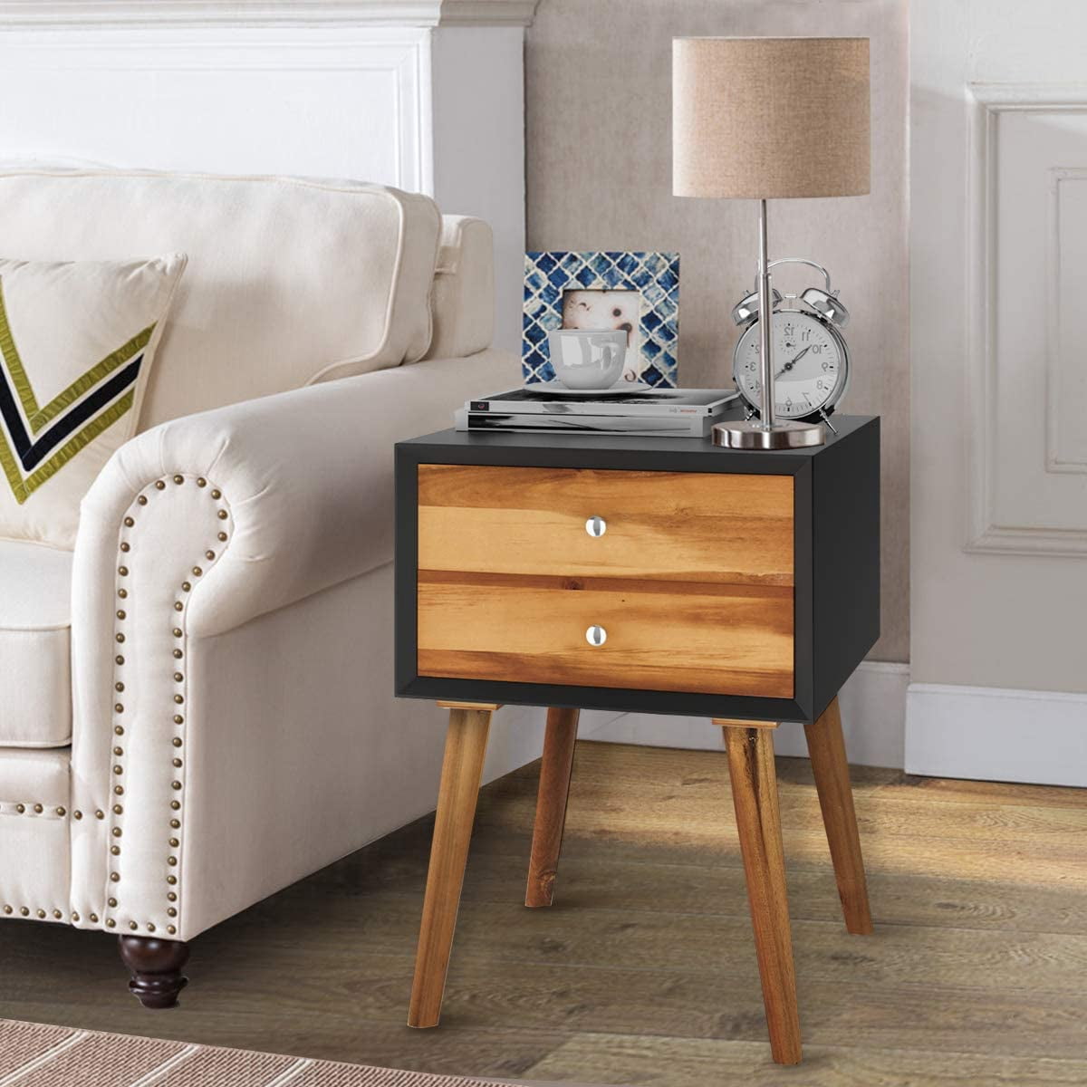 Giantex End Side Table Nightstand with Storage Drawer and Shelf, Wood Nightstand with 2-Drawers, Solid Wood Legs Living Room Bedroom Furniture