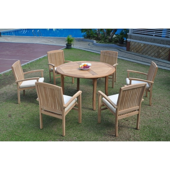 Grade-A Teak Dining Set: 6 Seater 7 Pc: 52" Round Table And 6 Wave Stacking Arm Chairs Outdoor Patio WholesaleTeak #WMDSWVm
