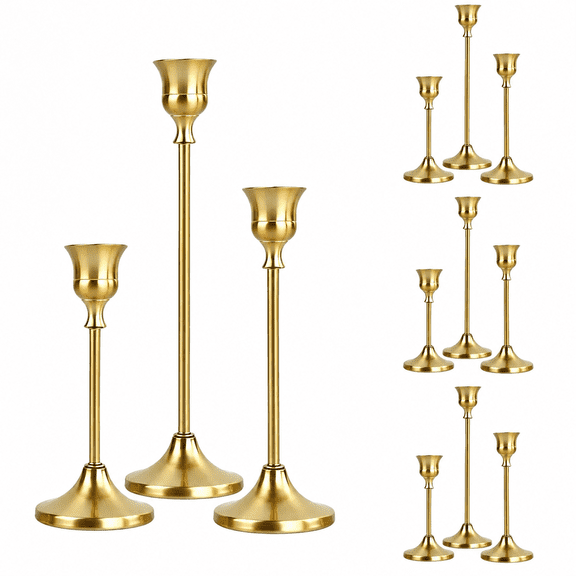 12 Pcs Brass Gold Candlestick Holders, Vintage Metal Taper Candle Stands for Fireplace, Wedding Table Decor & Housewarming Gift