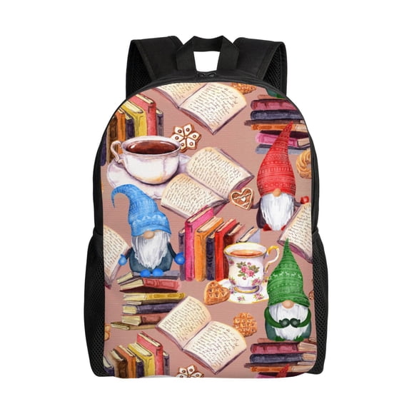 KLL Gnomes Books Tea Cups Pattern Backpack - Travel,or Work Bookbag with 15-Inch Laptop Sleeve and Dual Water Bottle Pockets