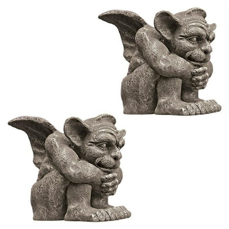 Design Toscano Emmett the Gargoyle Sculpture: Small  Set of Two ? Hand-cast using real crushed stone bonded with high quality designer resin? Each piece is individually hand-painted in a grey stone finish? Exclusive to the Design Toscano brand and perfect for your home or garden? Emmett the Gargoyle boasts lineage as one of the original medieval creatures that pensively perched from European rooftop and turret