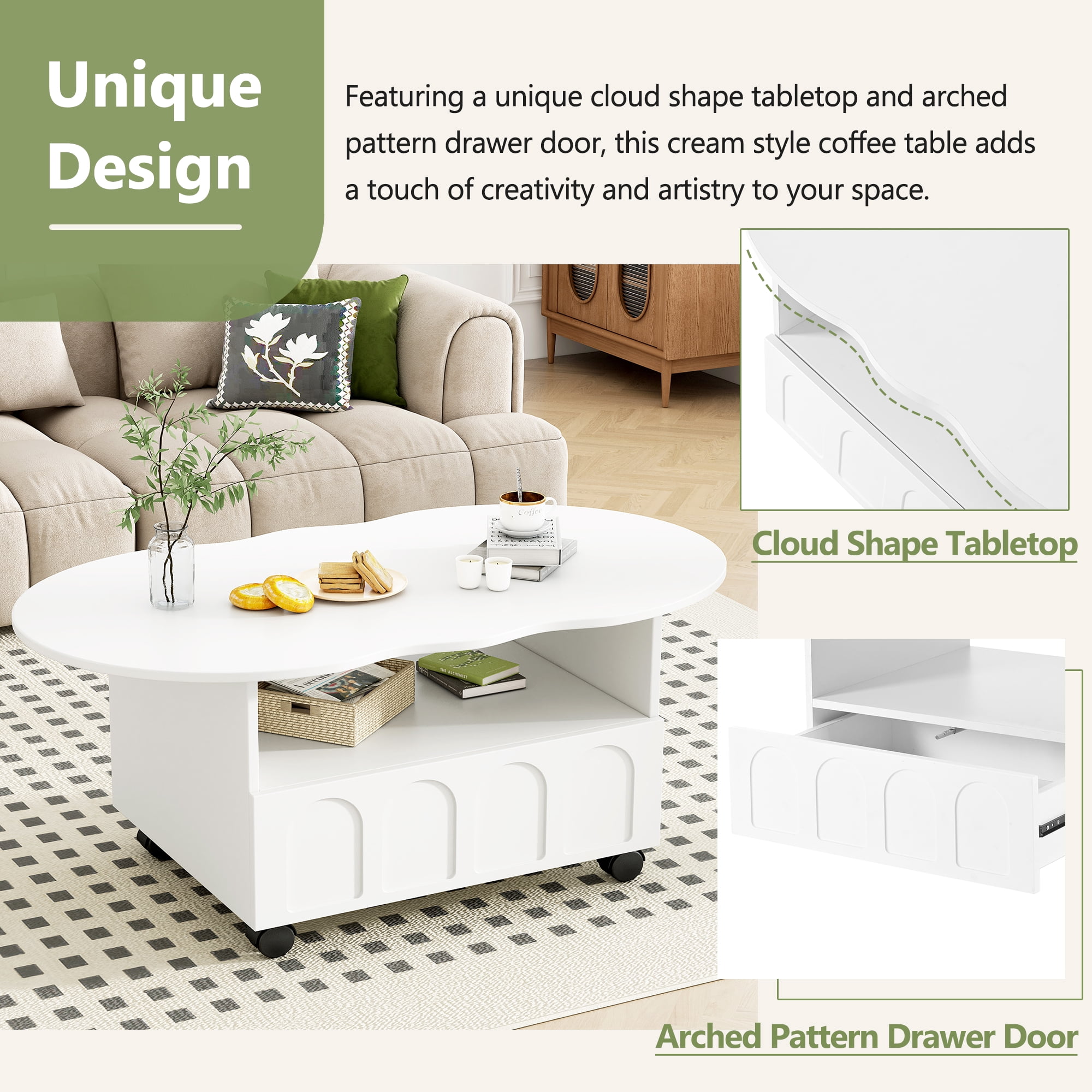 MAYEERTY Flexible Cream Style Coffee Table with 2 Brake Wheels, Cloud Top Side Table with Drawer, Irregular Center Table with Large Storage for Living Room, White, 39.37''x 23.6''