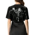 thumbnail image 3 of MODA NOVA Sequin Shrug Bolero for Juniors Flared Sleeve Crop Sparkly Glitter Jacket Black XS, 3 of 5