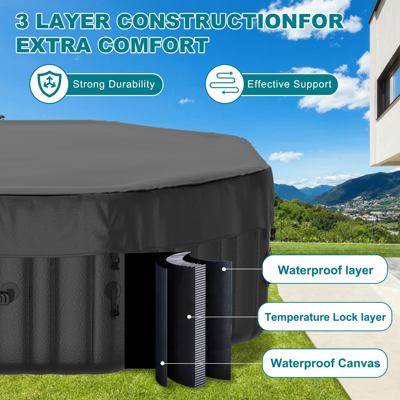 MOPHOTO 4-6 Person 75” X 75”X 25” Inflatable Hot Tub, Polygon Portable Blow Up Hot Tub, Leak-Proof PVC Outdoor Spa with 130 Strong Air Jets, Heater Pump and Insulated Cover