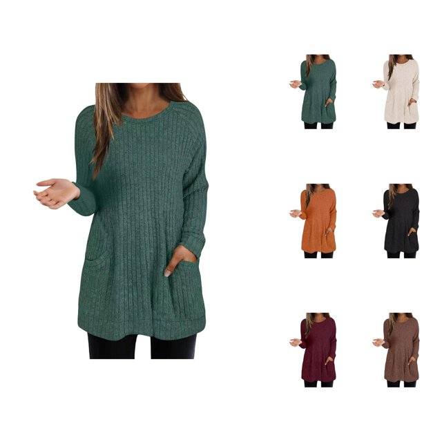 Long Chandail pour Femmes 2025 Manches Longues Col Rond Tricoté Côtelé avec Poches Tenues Automne Hiver