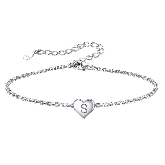 Silvora Pulsera de corazón inicial Pulseras de dijes Pulseras de cadena de plata de ley 925 para mujeres Adolescentes Niñas - Letra S Silvora Joyas con letras iniciales