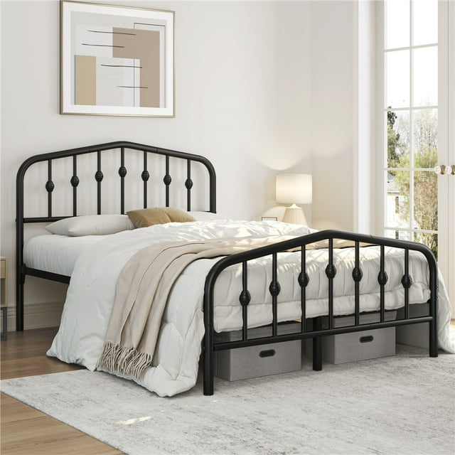 Yaheetech Lit Plateforme Classique en Métal avec Tête de Lit et Grand Rangement, Grand Lit Double, Noir